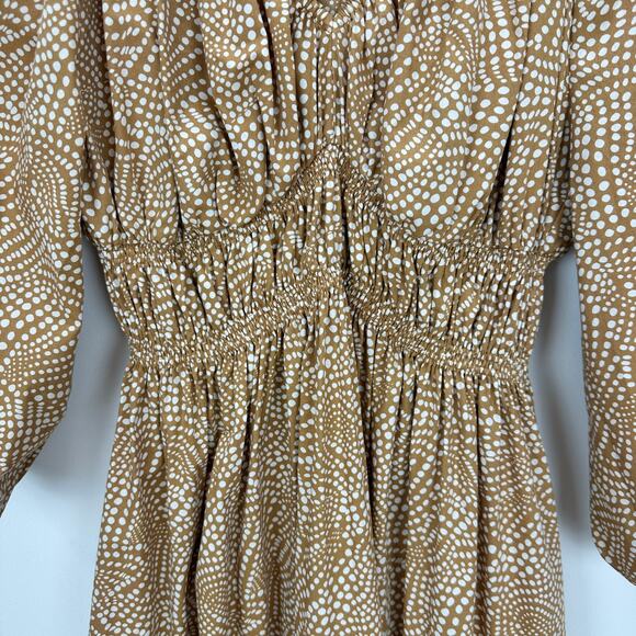 Madewell V Neck Balloon Sleeve Maxi Dress Spiral Dot Tan Smocked Boho US 00 NWT - Picture 11 of 16